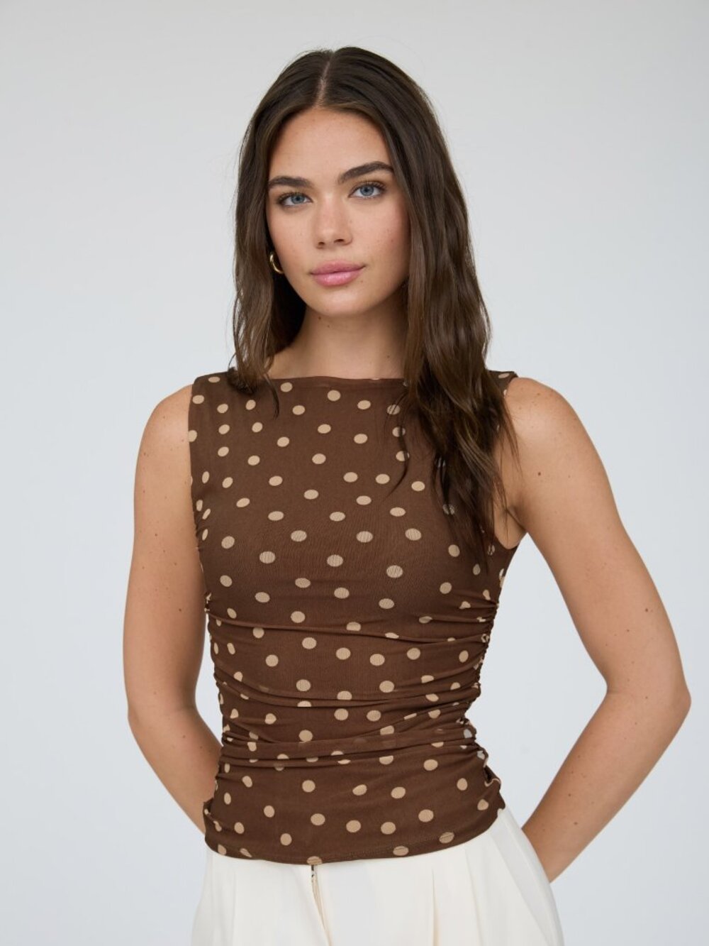 Polka Dot Boat Neck Sleeveless Mesh Knit Top